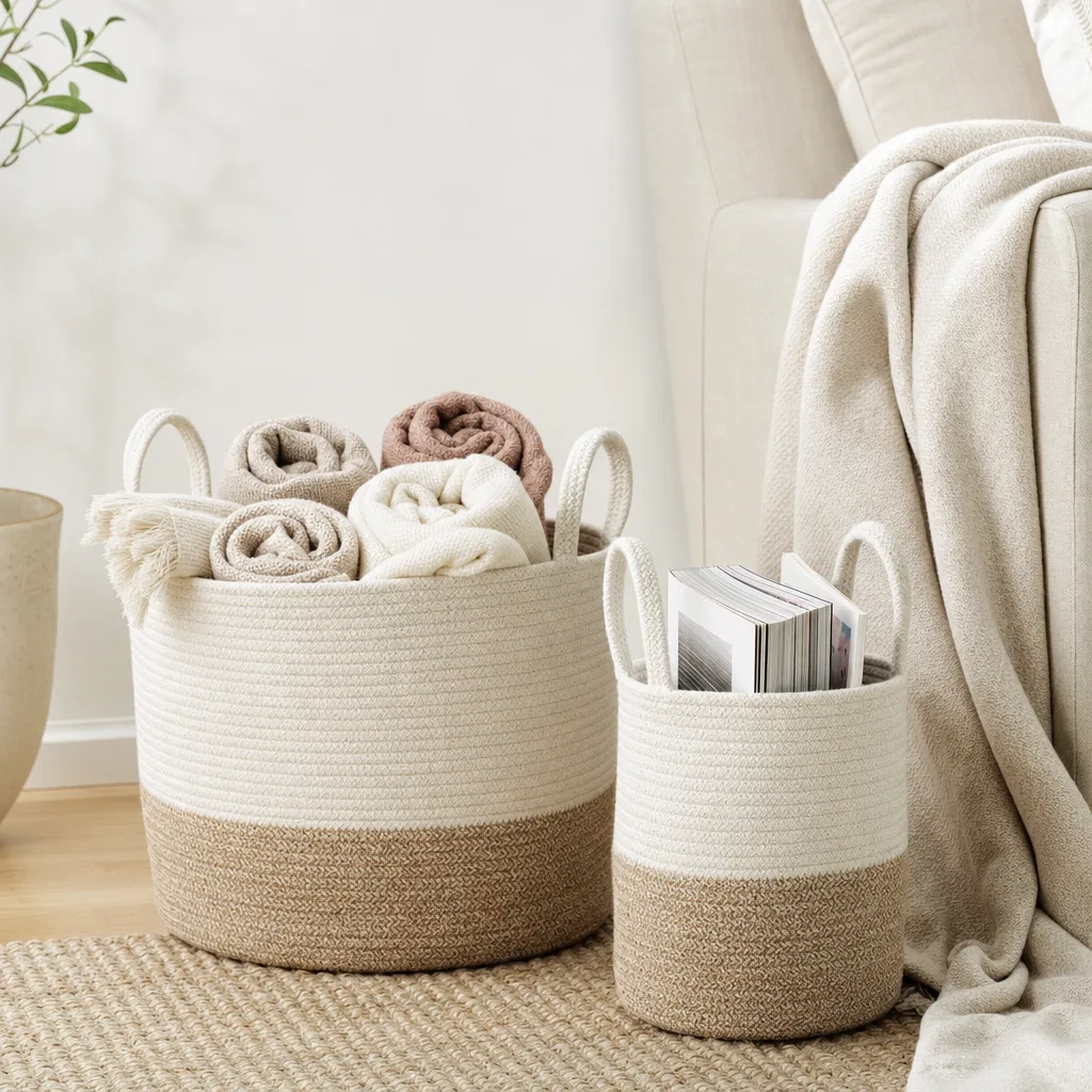 Zwei Baumwollseil-Körbe neben dem Sofa mit Wolldecken und Zeitschriften