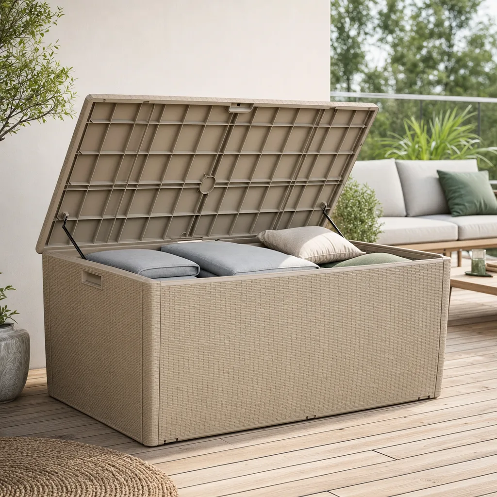 Grande cassapanca effetto rattan con cuscini da lounge impilati su una terrazza