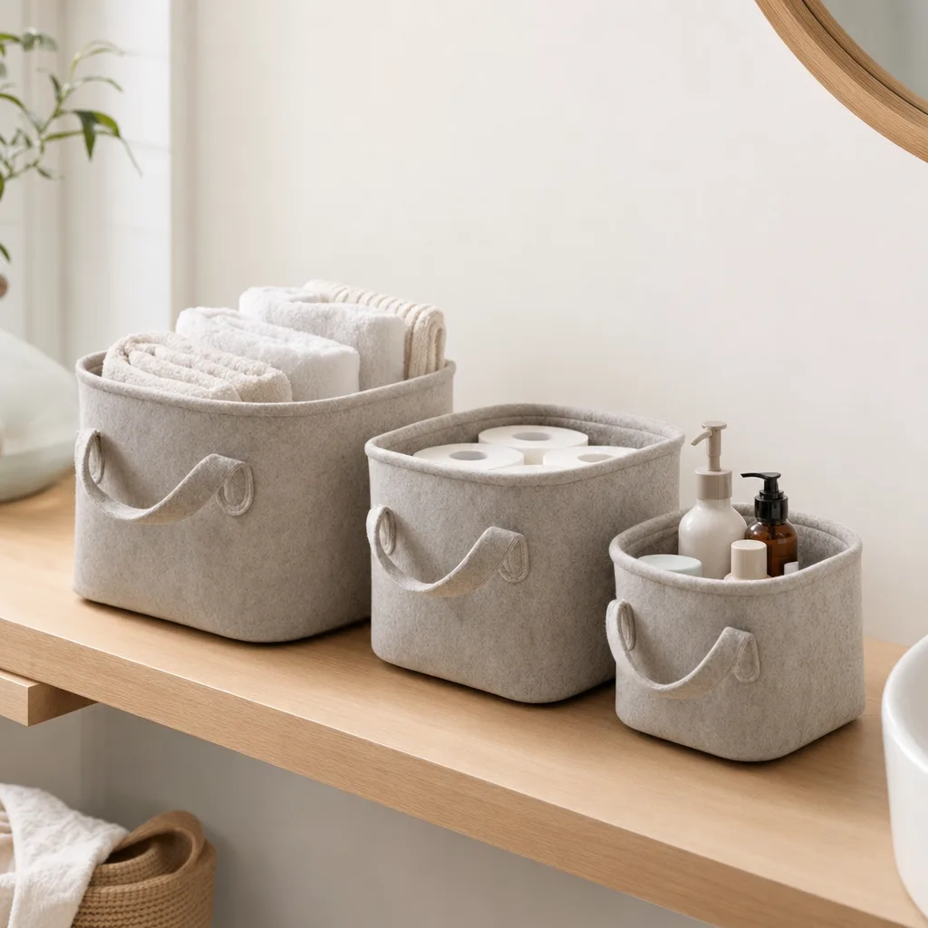 Set de trois paniers en feutre sur une Ă©tagĂšre de salle de bain avec serviettes