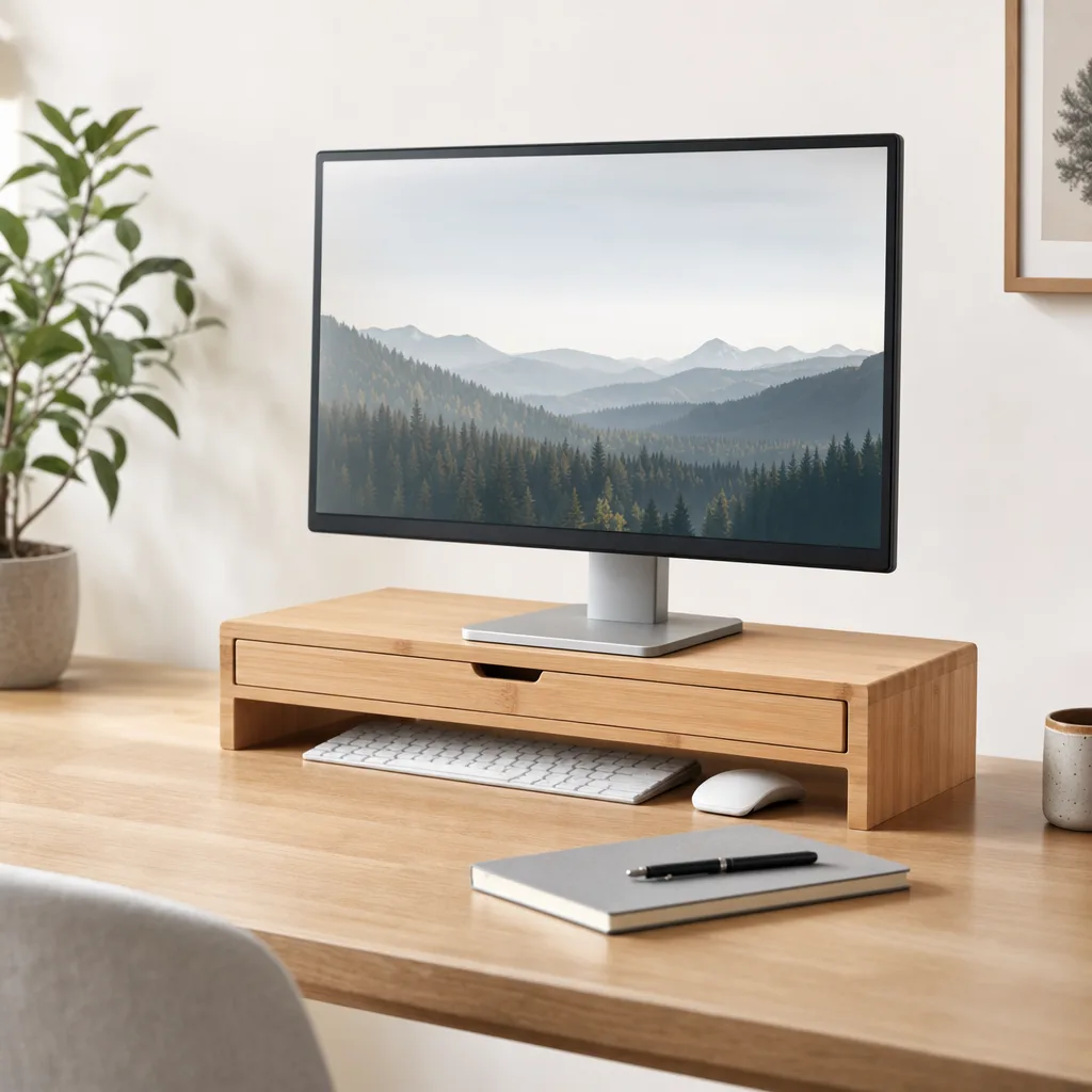 Supporto monitor in bambù con cassetto e monitor su una scrivania ordinata
