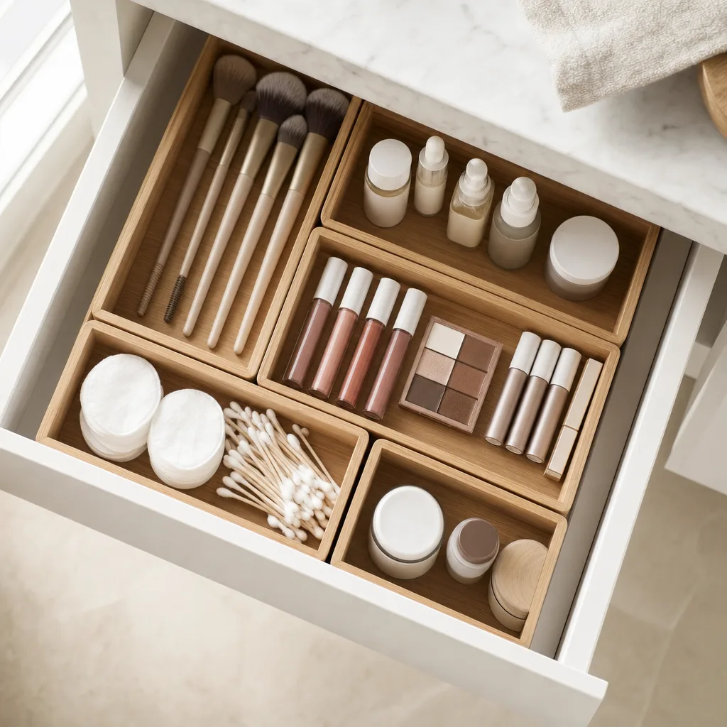 Plateaux de tiroir en bambou dans un tiroir de salle de bain avec cosmétiques triés