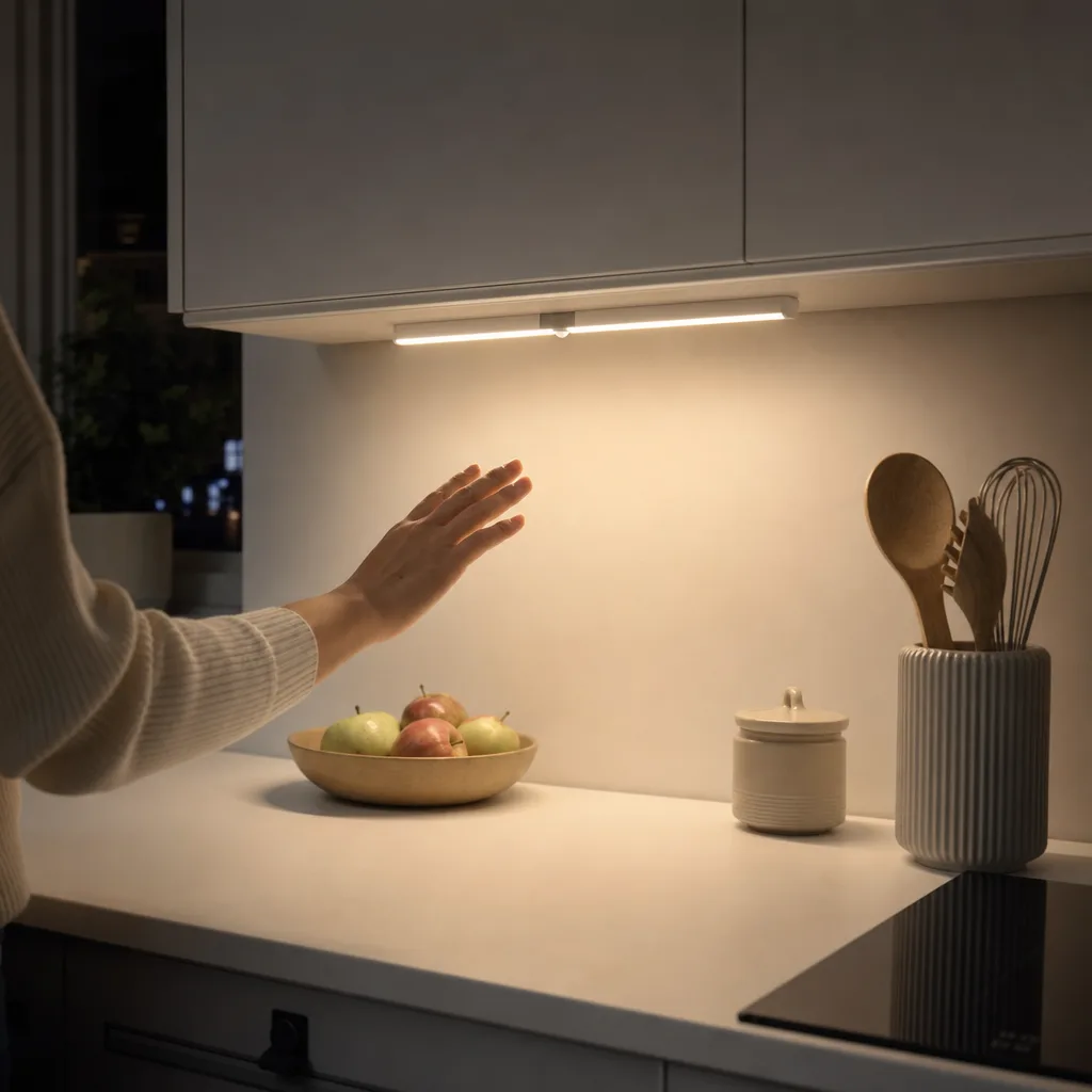 Veilleuse LED à détecteur de mouvement sous un meuble de cuisine dans l'obscurité