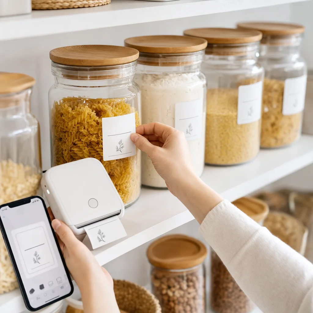 Étiqueteuse Bluetooth étiquetant des boîtes de rangement sur une étagère de cuisine