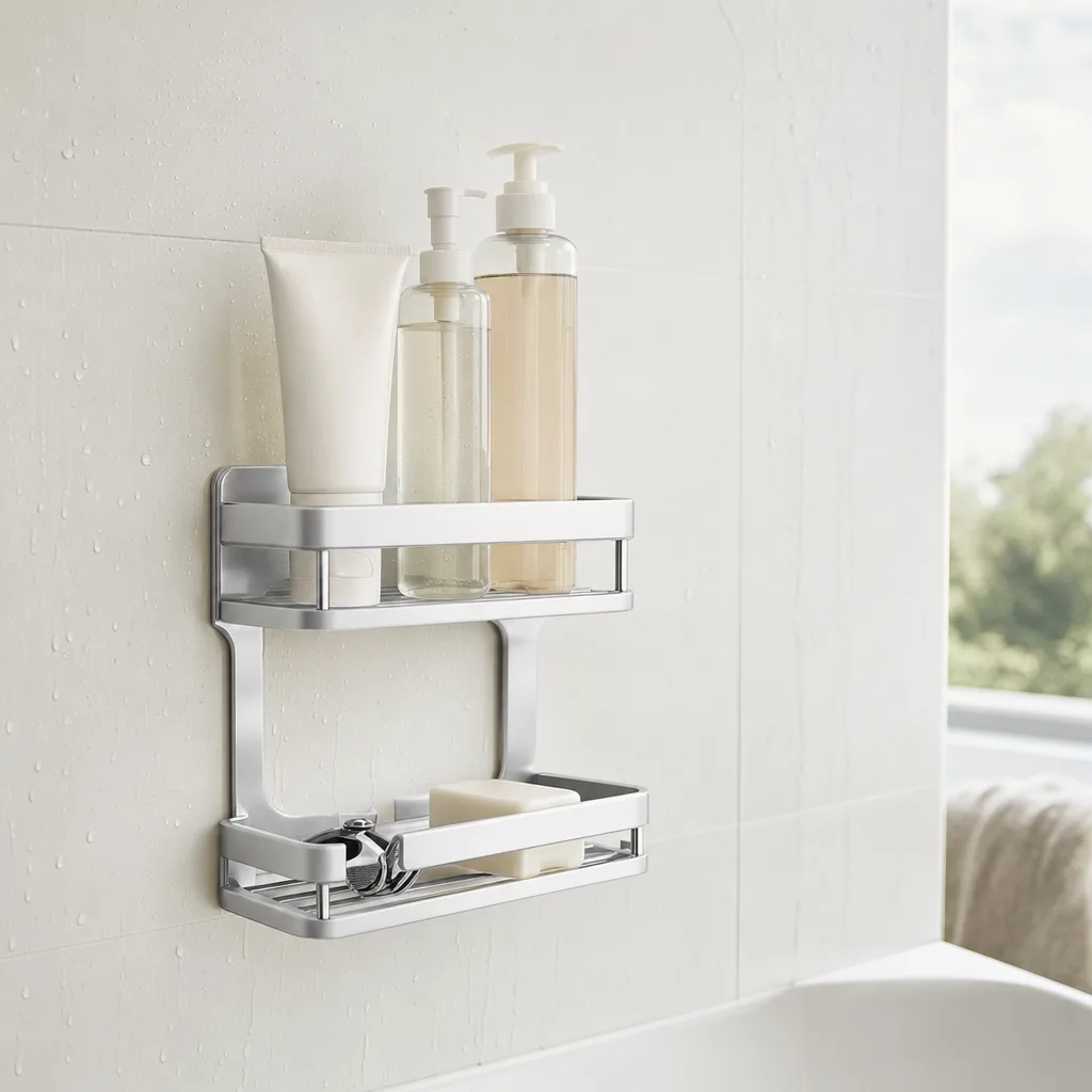 ĂtagĂšre de douche inoxydable Ă deux niveaux au mur avec shampoing et gel douche