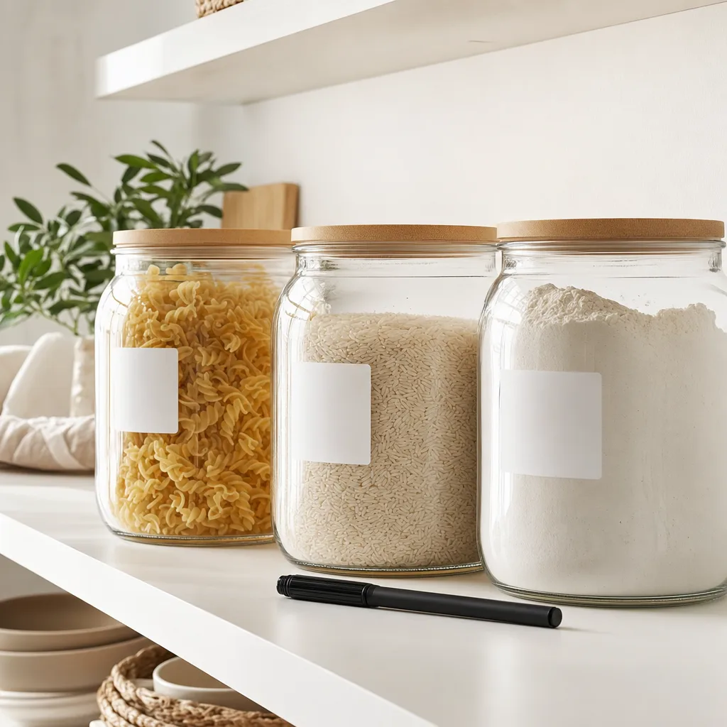 Beschriftete Vorratsgläser mit wiederablösbaren Etiketten und Stift auf dem Küchenregal