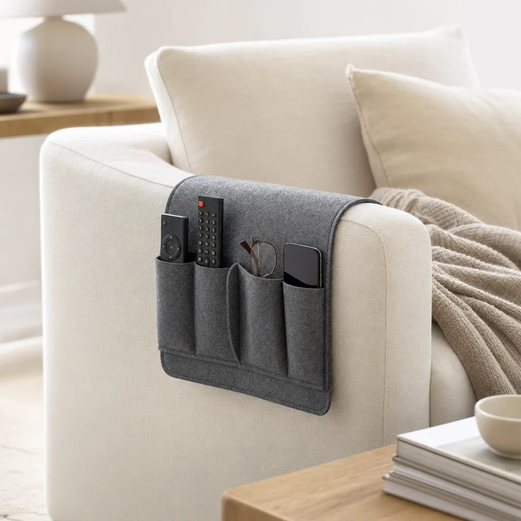 Filz-Organizer über der Sofa-Armlehne mit Fernbedienungen und Brille