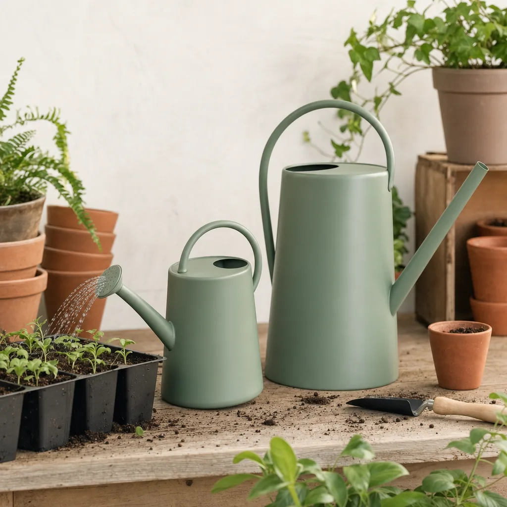 Set di annaffiatoi verde salvia con annaffiatoio grande e piccolo che irriga piantine