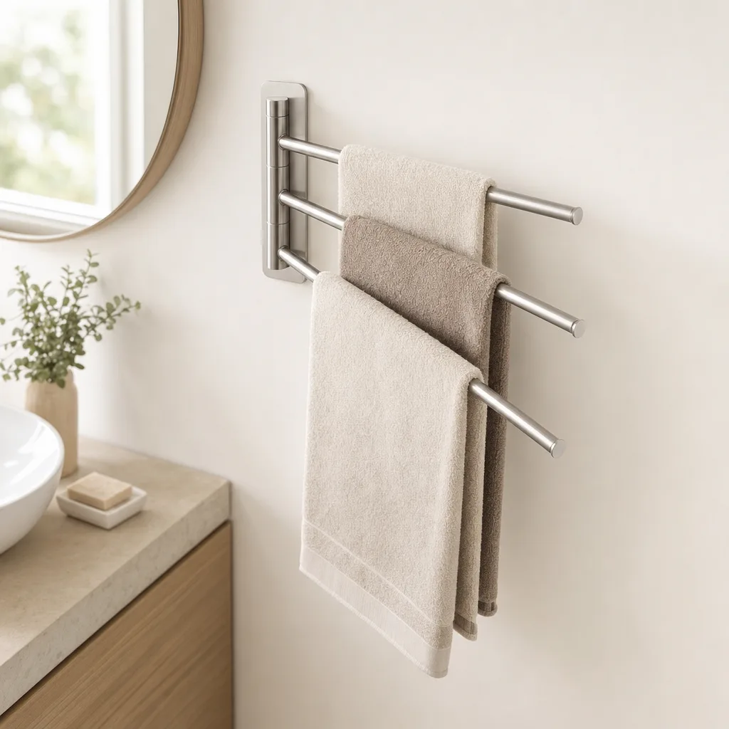 Porte-serviettes inoxydable à trois barres déployées au mur de la salle de bain