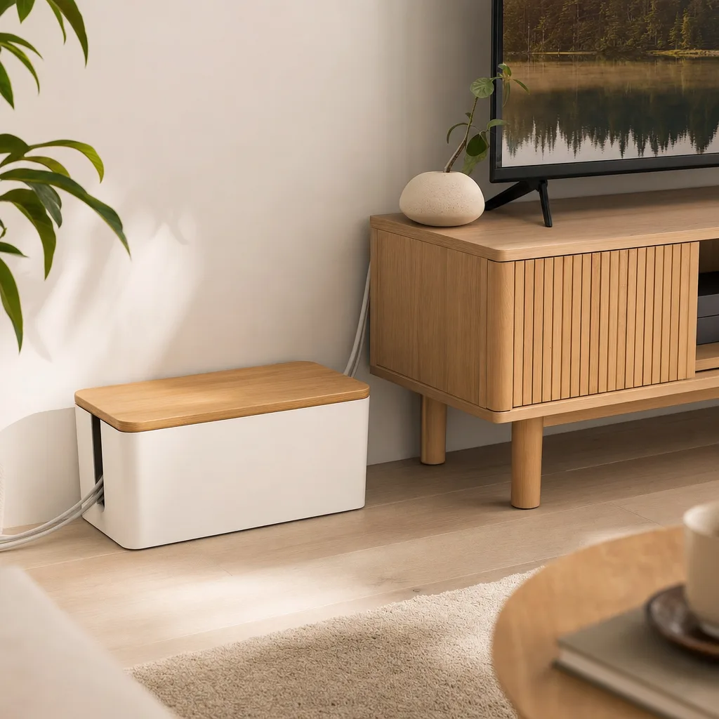 Kabelbox mit Bambusdeckel neben einem TV-Board, Steckerleiste darin verstaut