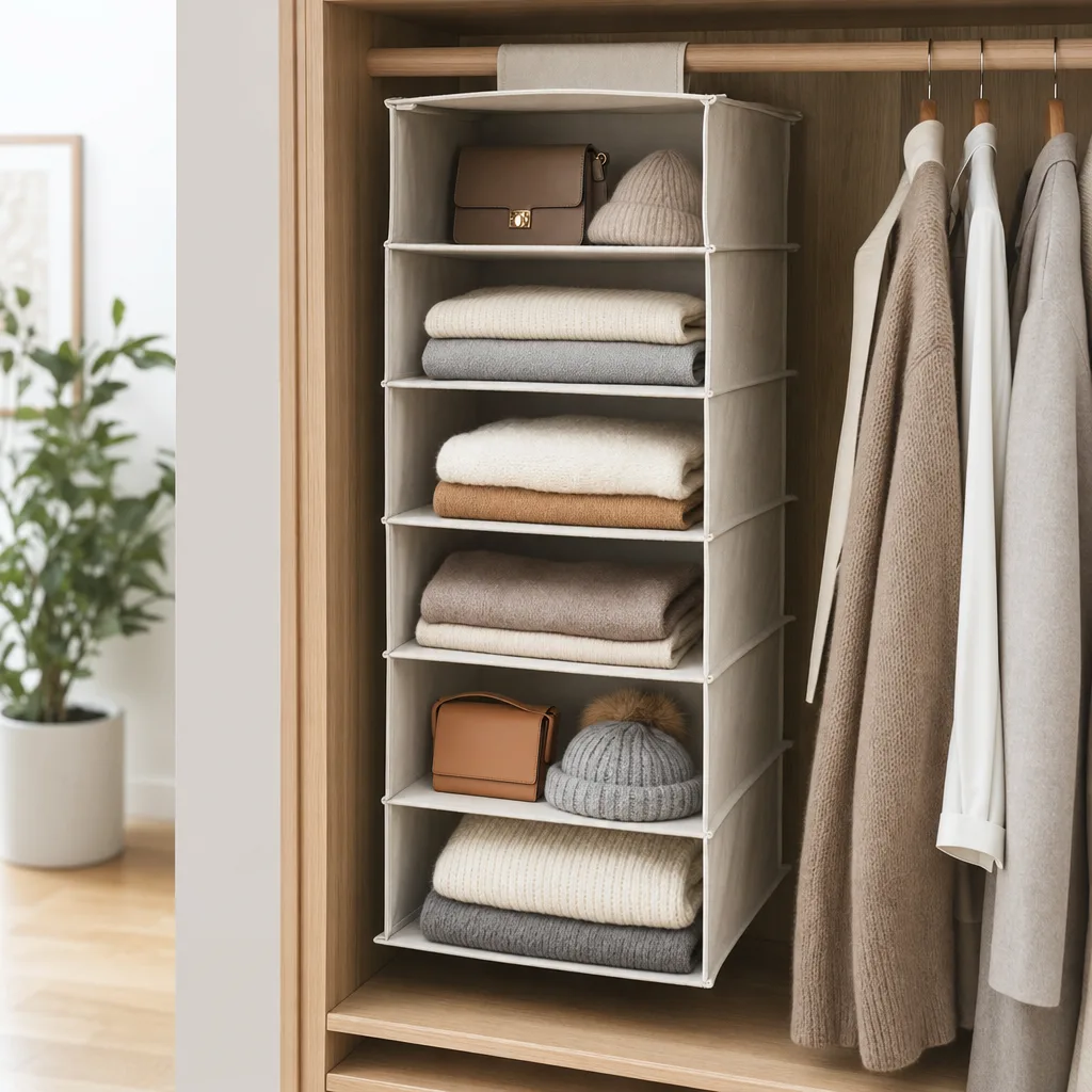 Hängeorganizer im Kleiderschrank mit gefalteten Pullovern und Taschen in sechs Fächern