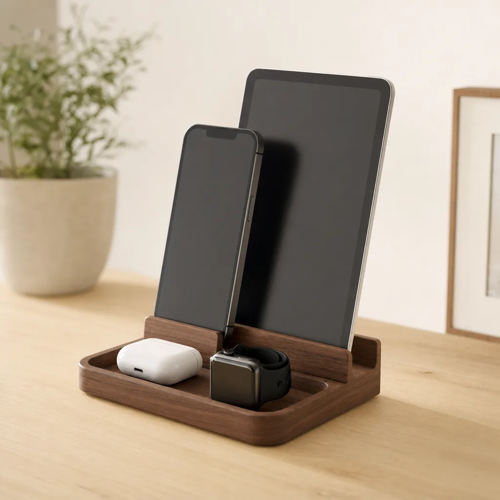Stazione di ricarica in legno con smartphone, tablet e smartwatch su una scrivania