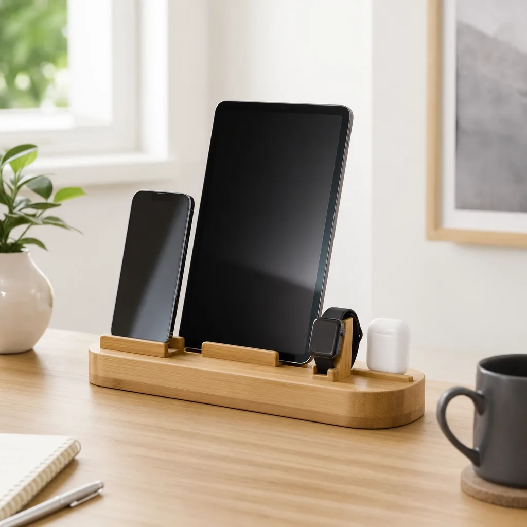 Station de charge en bambou avec smartphone, tablette et montre sur un bureau