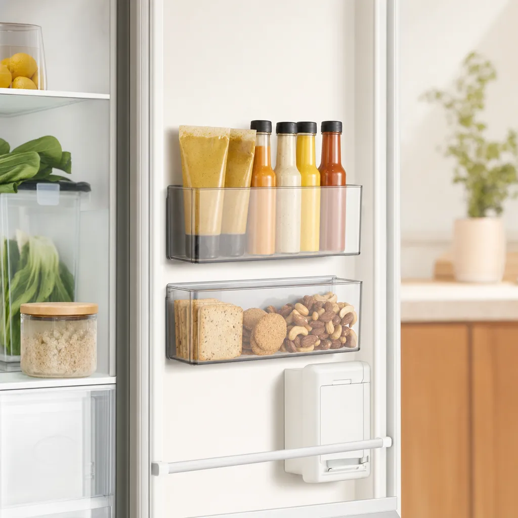 Magnetische transparente Aufbewahrungsboxen an der Kühlschrank-Innenwand mit Tuben und Saucen