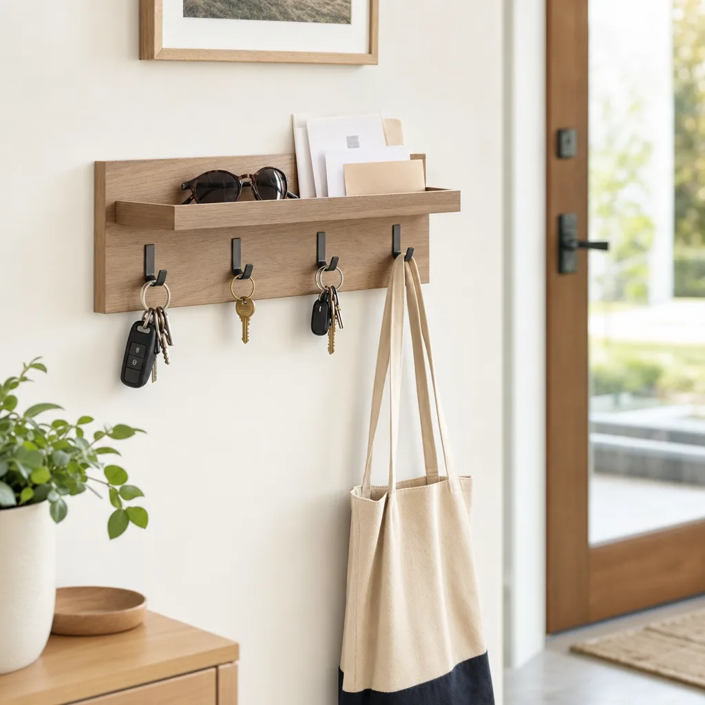 Wand-Schlüsselablage mit Haken und Schale im Eingangsbereich
