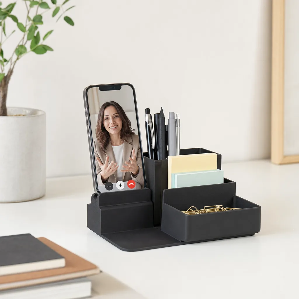 Organizer da scrivania con penne e smartphone inserito come supporto