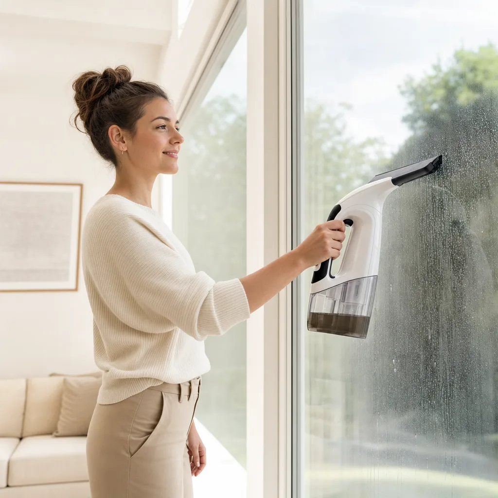Akku-Fenstersauger zieht Wasser von einem grossen Wohnzimmerfenster streifenfrei ab