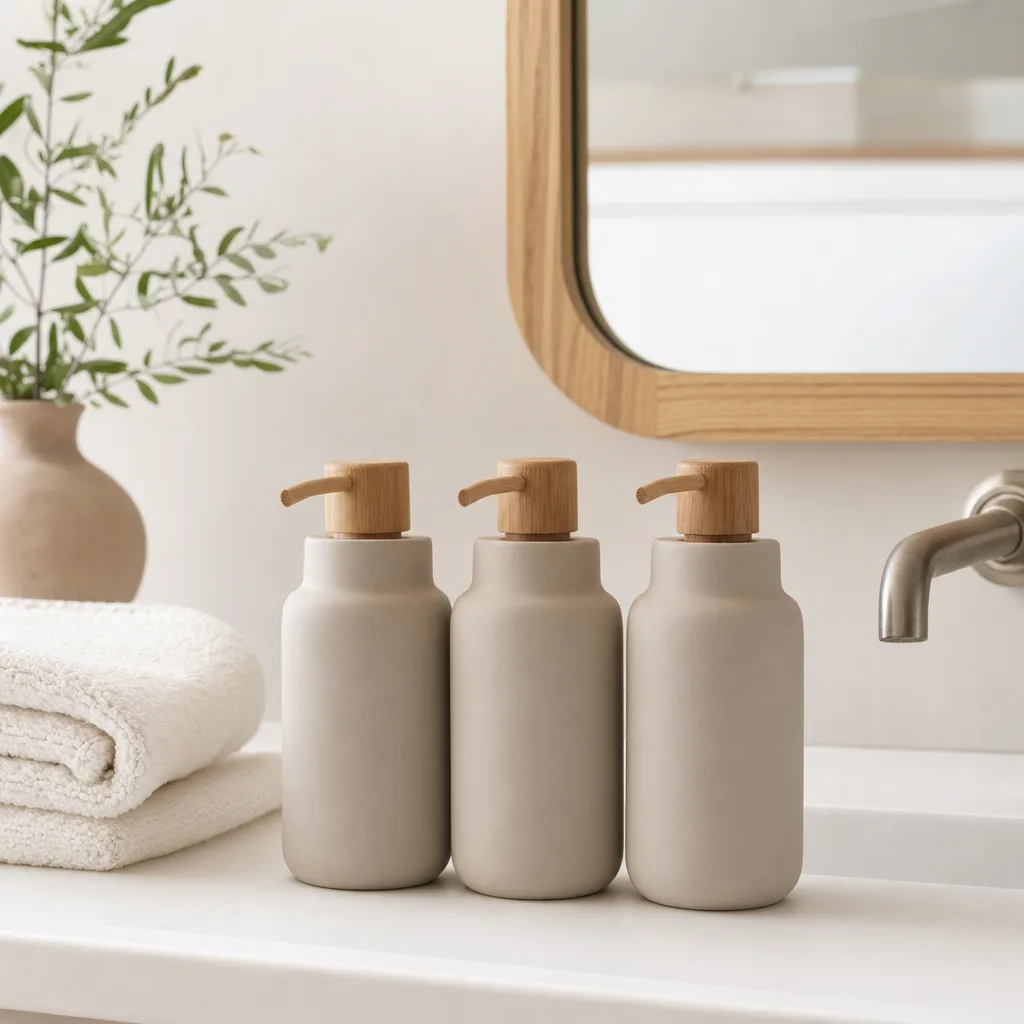 Set de trois distributeurs en céramique au lavabo avec pompe en bambou