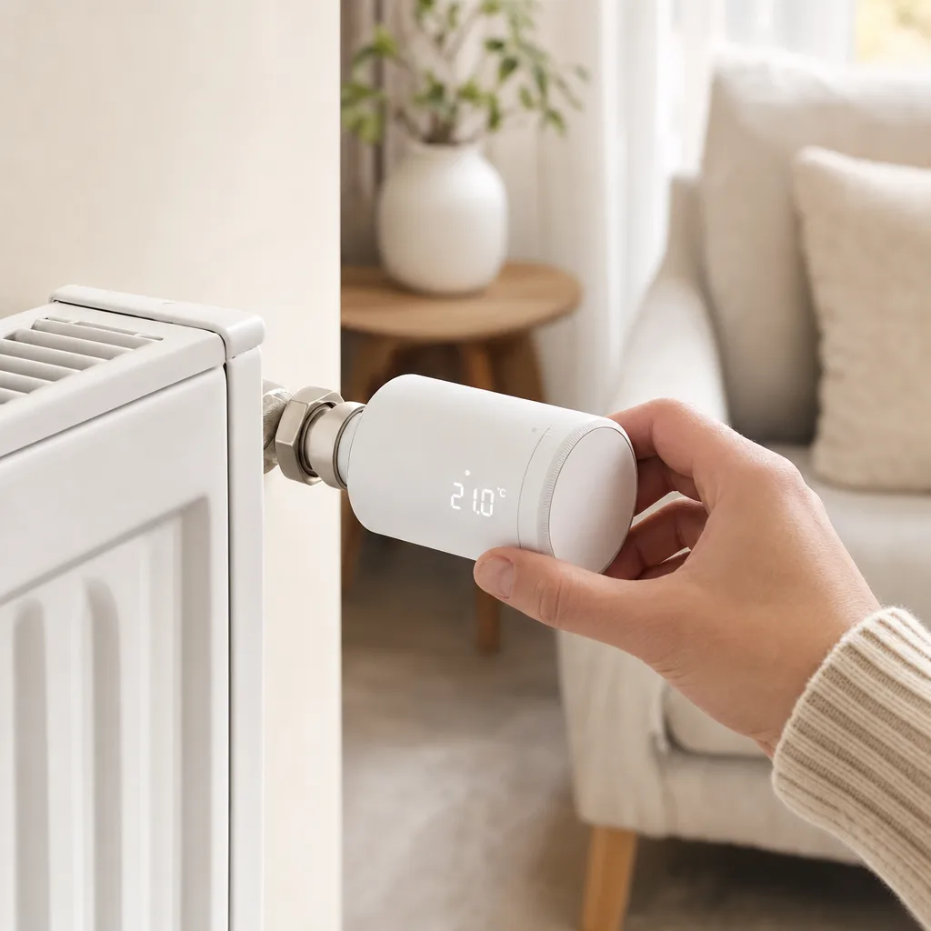 Thermostat de radiateur connecté monté sur un radiateur dans le salon