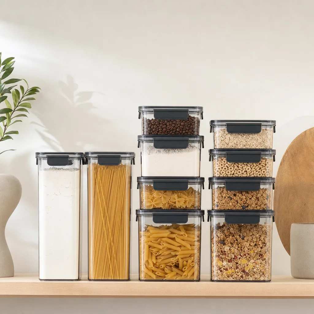 Stapelbares 10-teiliges Vorratsdosen-Set luftdicht im Vorratsschrank mit Mehl und Pasta
