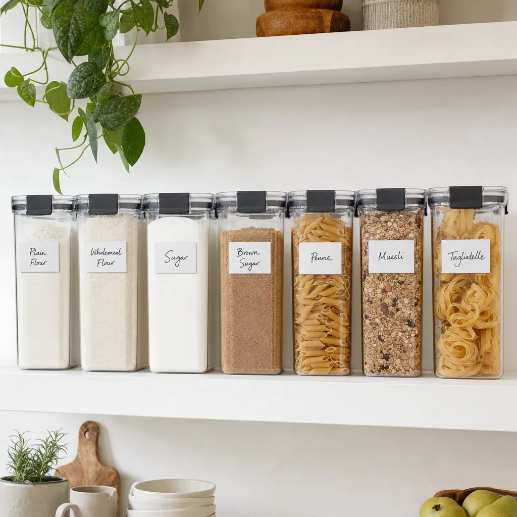 Stapelbare luftdichte Vorratsdosen mit Mehl, Pasta und Müsli beschriftet im Vorratsschrank