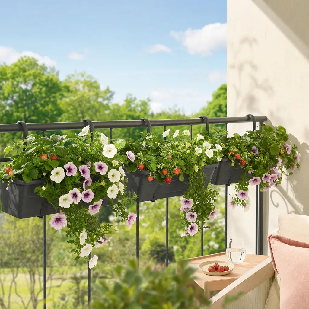 Tre vasi sospesi da balcone con piante ricadenti fissati alla ringhiera