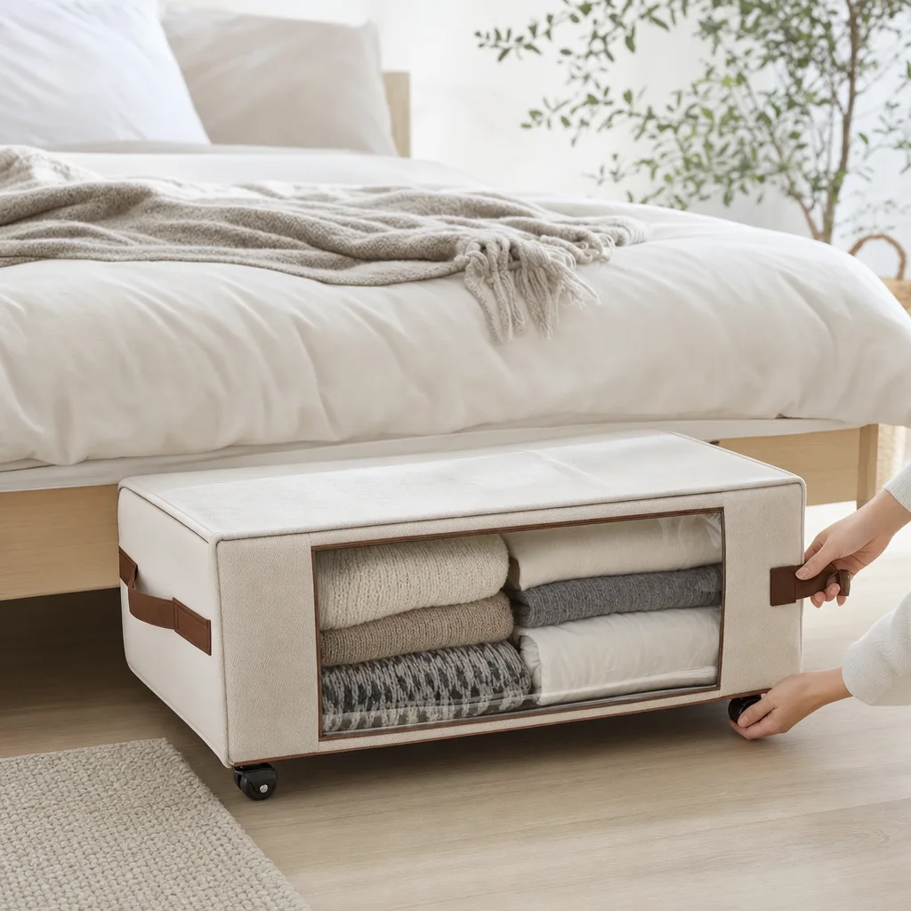 Unterbett-Box auf Rollen wird unter dem Bett hervorgezogen, gefüllt mit gefalteter Winterkleidung