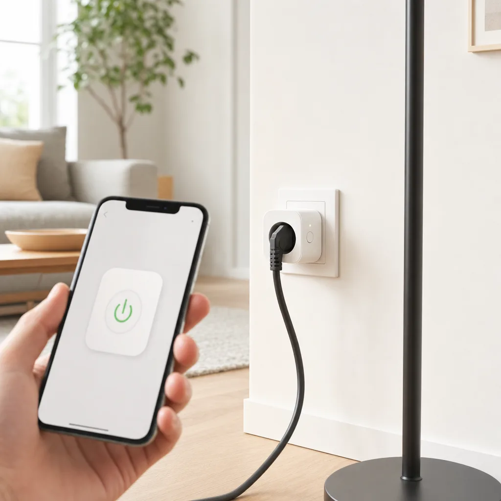 Prise connectée Wi-Fi dans une prise murale, contrôlée par appli smartphone